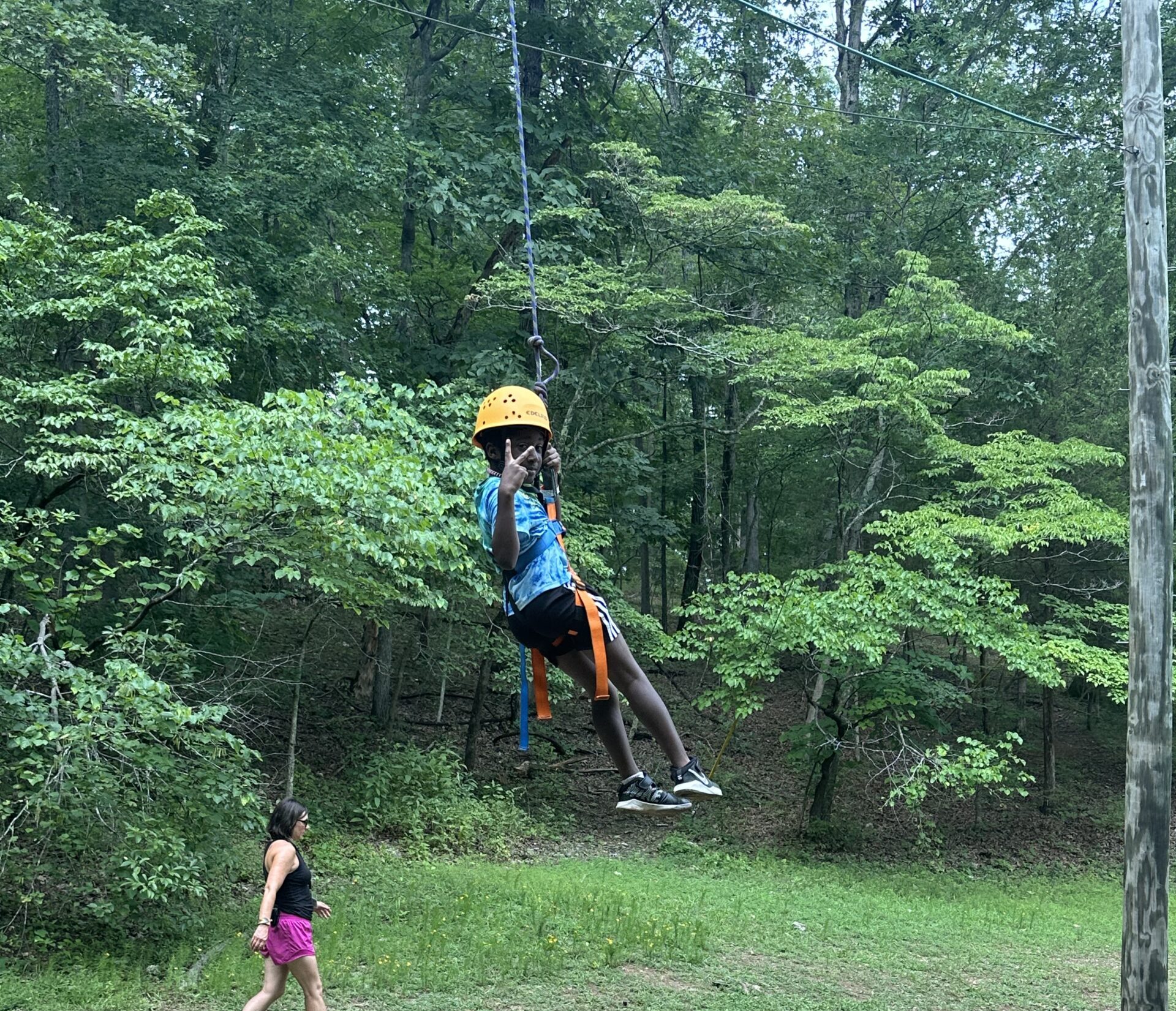 Camper on zip line